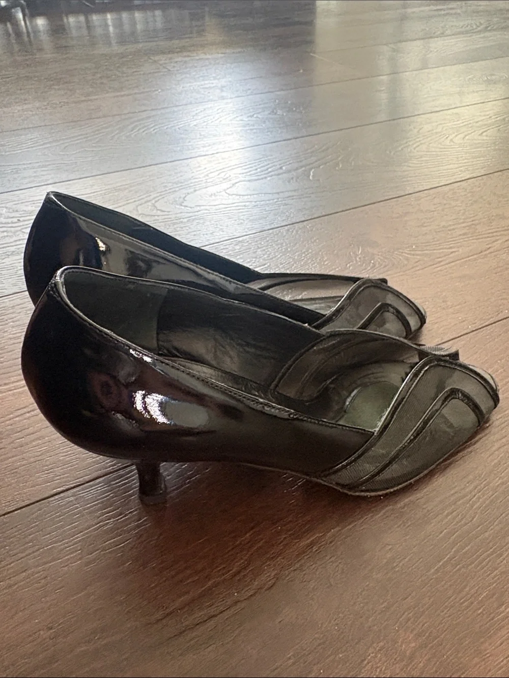 Prevata Black Patent & Fabric Peep-Toe Pumps